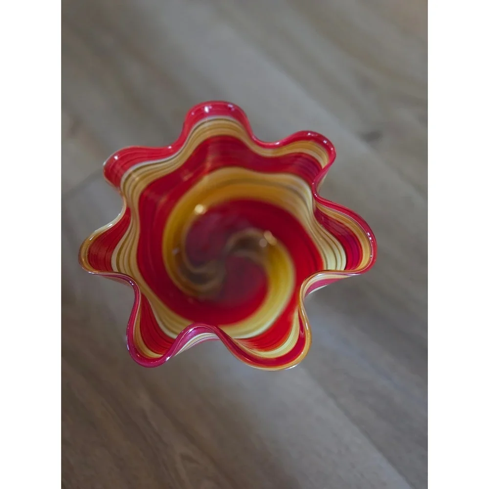 MCM Red Amber‎ Swirl Hand Blown Art Glass Handkerchief Ruffled Centerpiece Bowl